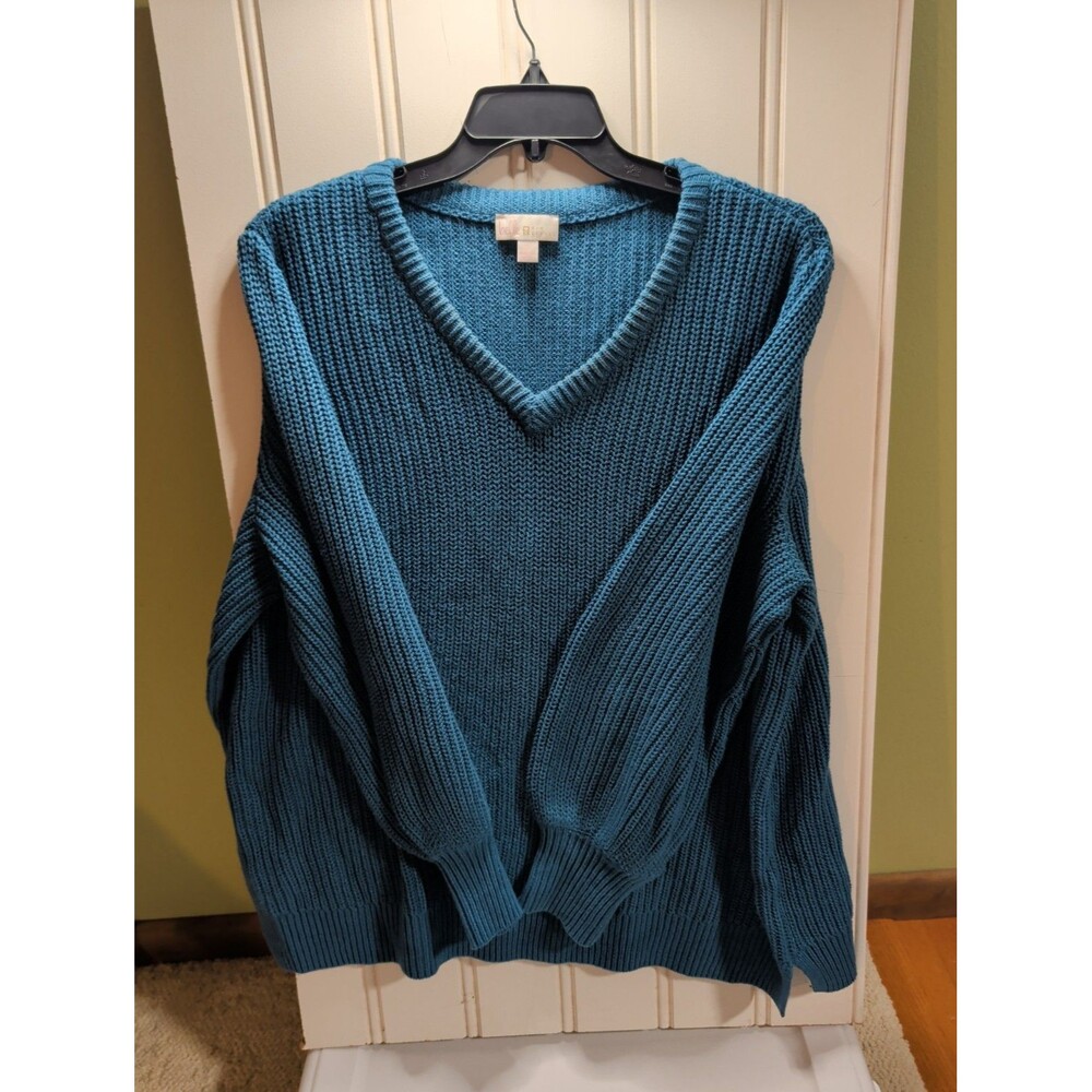 Belle by Kim Gravel Bubble Sleeve Slouchy Ribbed Sweater, Teal, Size 2X